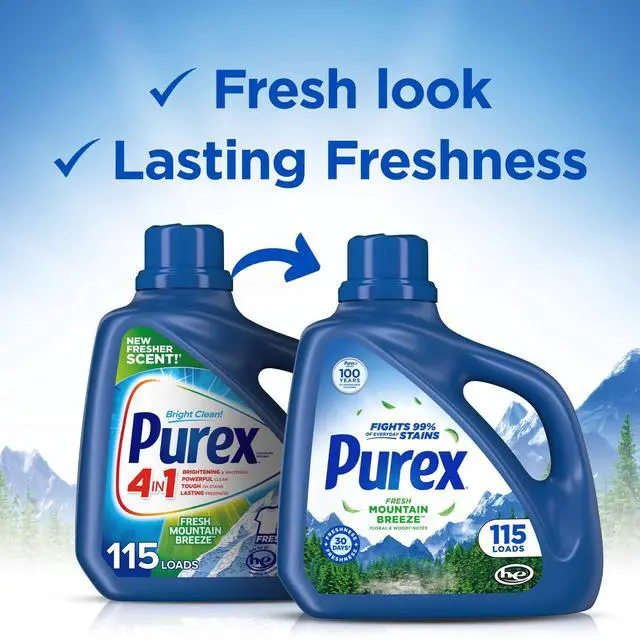 Alt view image 2 of 4 - Purex Fresh Mountain Breeze Liquid Laundry Detergent 150 fl oz, 115 Loads, HE Compatible, Brightens & Whitens Fabrics
