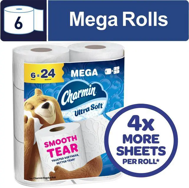 Main image of 6 Mega Rolls Ultra Soft Bath Tissue, Wavy EasyTear Edges, Gentle Comfort For Everyday Bathroom Use