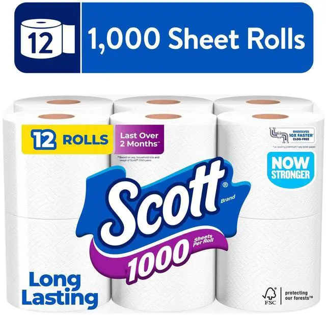 Main image of 12Roll Household Toilet Paper, 1000 Sheets Each Roll, QuickDissolving for LowFlow Toilets