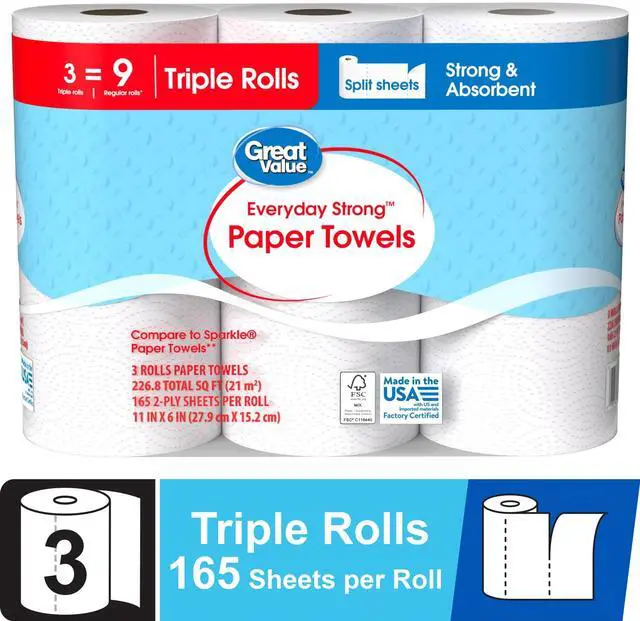 Main image of Great Value Everyday Strong Paper Towels, 3 Triple Rolls, PickaSize Perforated Sheets, Embossed White Household Kitchen Towels