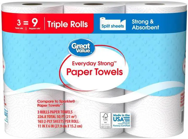 Alt view image 2 of 4 - Great Value Everyday Strong Paper Towels, 3 Triple Rolls, PickaSize Perforated Sheets, Embossed White Household Kitchen Towels