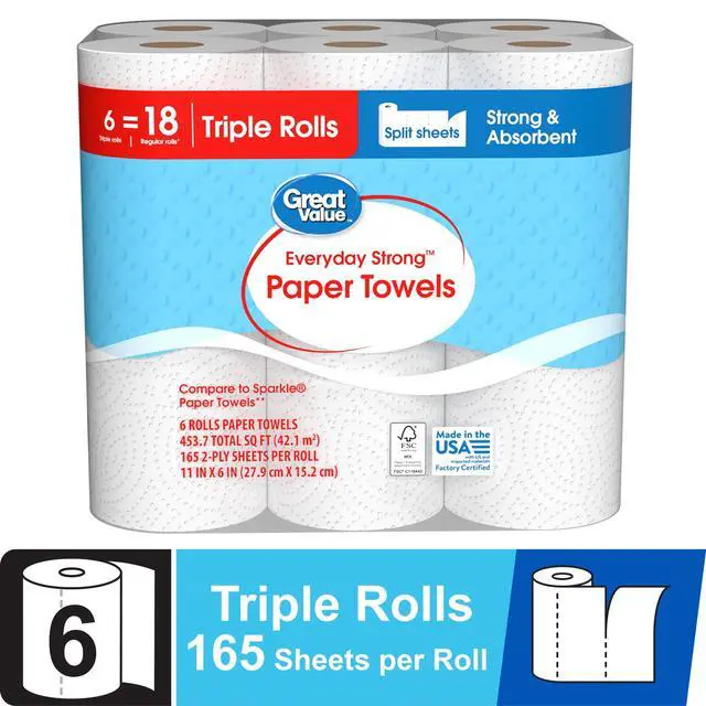 Alt view image 4 of 7 - Great Value 6 TripleRoll Paper Towels, Embossed White SplitSheet Towels for Household Cleanups, 990 Sheets