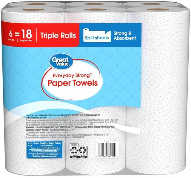 Main image of Great Value 6 TripleRoll Paper Towels, Embossed White SplitSheet Towels for Household Cleanups, 990 Sheets