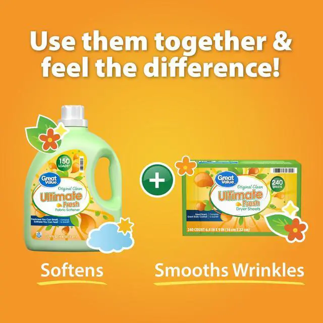 Alt view image 3 of 7 - 1. Great Value Ultimate Fresh Dryer Sheets, Original Clean Scent, AntiStatic & WrinkleReducing Fabric Softener Sheets, 240 Count