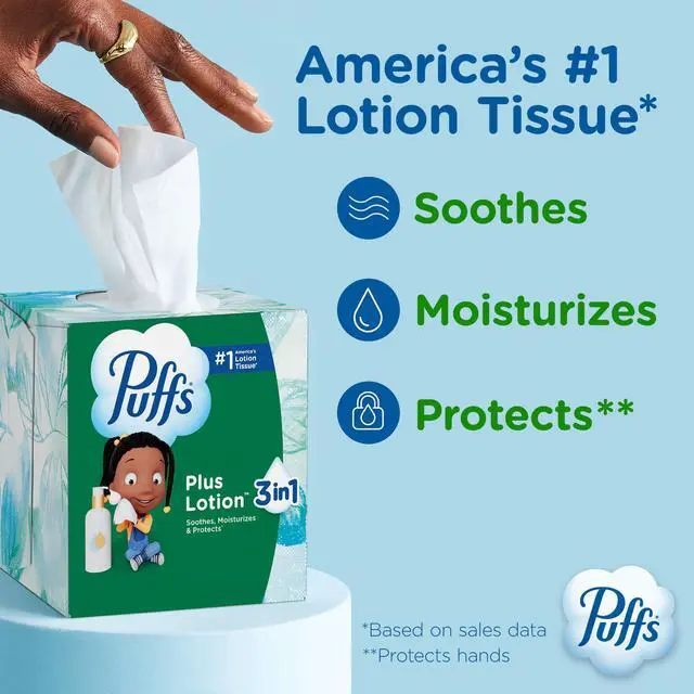 Alt view image 4 of 7 - Puffs 4Pack Cube Box Plus Lotion Facial Tissues, Soothing Lotion Infused Tissues for Sensitive Skin, 288 Total Tissues