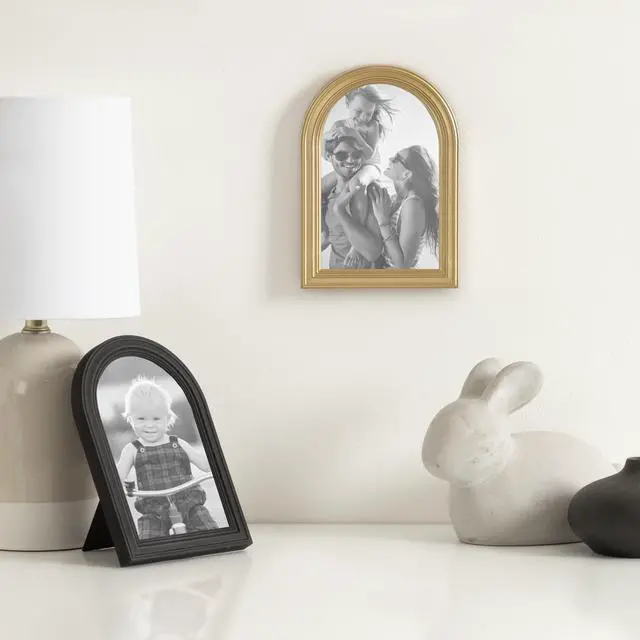 Alt view image 2 of 7 - DesignOvation 3Pack 4x6 Arch Gold Decorative Picture Frames, Stepped Profile, Glass Cover, Tabletop Easel & Wall Hanger