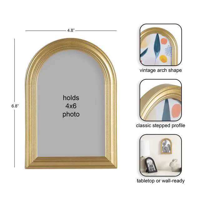 Alt view image 3 of 7 - DesignOvation 3Pack 4x6 Arch Gold Decorative Picture Frames, Stepped Profile, Glass Cover, Tabletop Easel & Wall Hanger