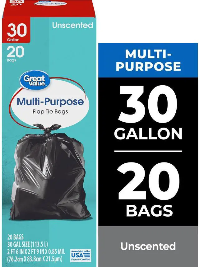 Main image of Great Value 20Pack 30 Gallon Black Trash Bags, BuiltIn FlapTie Closure, LeakResistant Residential Garbage Bags