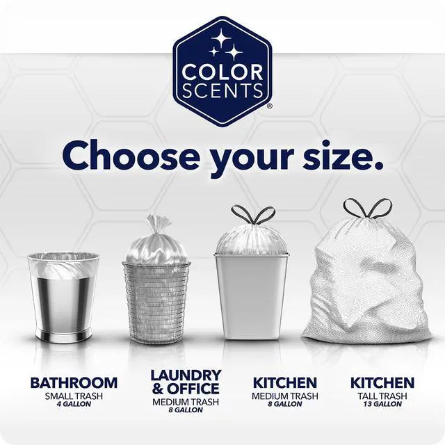 Alt view image 3 of 6 - Color Scents Medium Drawstring Trash Bags, 8Gal Capacity, Microban Antimicrobial Protection, Fresh Simply Clean Fragrance for Household Waste Bins
