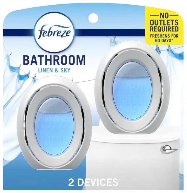 Alt view image 3 of 7 - Febreze Bathroom OdorFighting Air Freshener, Linen & Sky Scent, 2 Count, 45Day LongLasting Fragrance, BatteryFree NoRefill Deodorizer