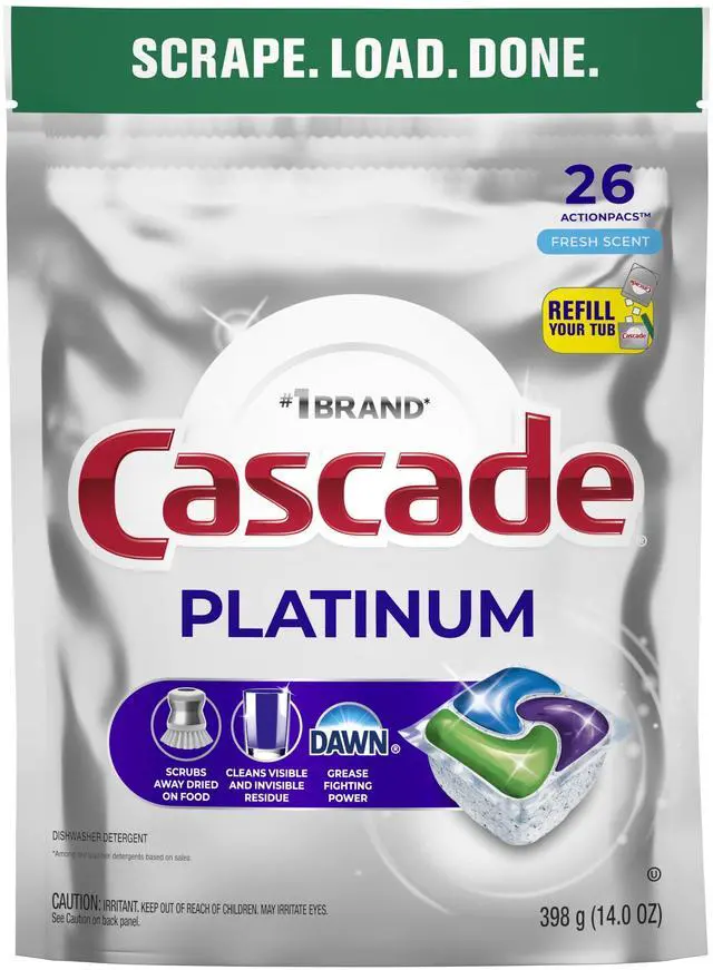Main image of Cascade 26Count Platinum ActionPacs Dishwasher Tabs, EnzymePowered SpotResistant Dishwasher Pods with Dawn GreaseCleaning Power