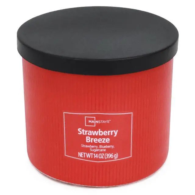 Alt view image 6 of 6 - Mainstays 14oz Strawberry Breeze Scented Candle, 3Wick Textured Wrap Red Container Candle with Fruity Strawberry Blueberry Fragrance