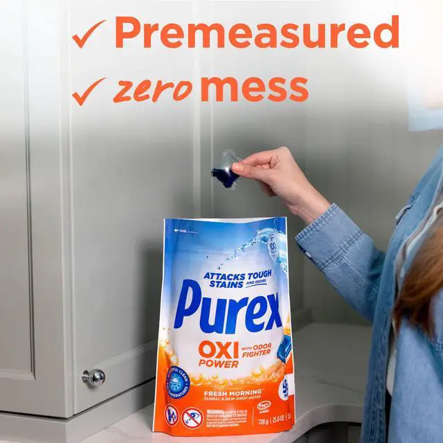 Alt view image 4 of 7 - Purex Oxi Power + Odor Fighter Laundry Detergent Pacs, 56 Count, 4in1 PreMeasured Pods, FastDissolving for HE & Standard Washing Machines