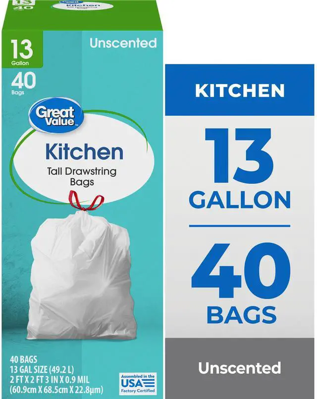 Main image of Great Value 40Pack Unscented Tall Kitchen Garbage Bags, 13gal Capacity, LeafRoll Packaging for Convenient SingleBag Dispensing