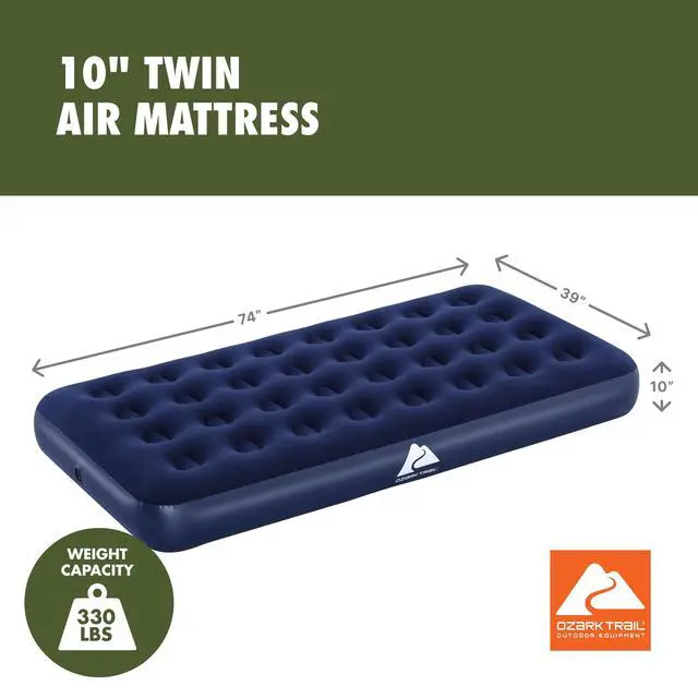 Alt view image 5 of 5 - Ozark Trail Twin Inflatable Air Mattress, 10Inch Height, Flocked Sleeping Surface, CoilBeam Air Bed, 330lb Capacity, Pump Not Included, 74"×39"×10"