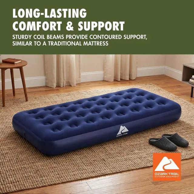 Alt view image 2 of 5 - Ozark Trail Twin Inflatable Air Mattress, 10Inch Height, Flocked Sleeping Surface, CoilBeam Air Bed, 330lb Capacity, Pump Not Included, 74"×39"×10"