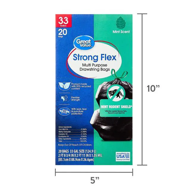 Alt view image 3 of 7 - Great Value Strong Flex 33 Gallon Drawstring Trash Bags, Mint Scent, Black, 20 Count, 20% PostConsumer Recycled Material, Tear & Leak Resistant