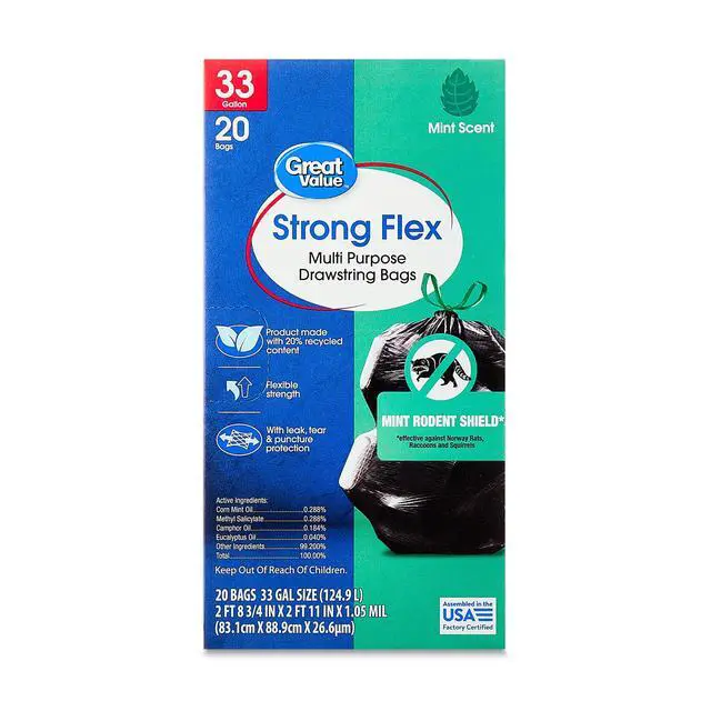 Alt view image 2 of 7 - Great Value Strong Flex 33 Gallon Drawstring Trash Bags, Mint Scent, Black, 20 Count, 20% PostConsumer Recycled Material, Tear & Leak Resistant