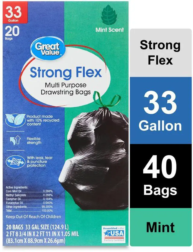 Main image of Great Value Strong Flex 33 Gallon Drawstring Trash Bags, Mint Scent, Black, 20 Count, 20% PostConsumer Recycled Material, Tear & Leak Resistant