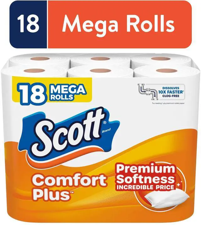 Main image of Scott ComfortPlus 1Ply Toilet Paper, 18 Mega Rolls, ClogFree FastDissolving Bath Tissue for Household Bathroom Use
