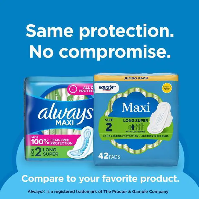 Alt view image 4 of 7 - Equate 42Count Size 2 Long Maxi Sanitary Pads, FlexiWings Design, Super Absorbent, Individually Wrapped for OntheGo Use