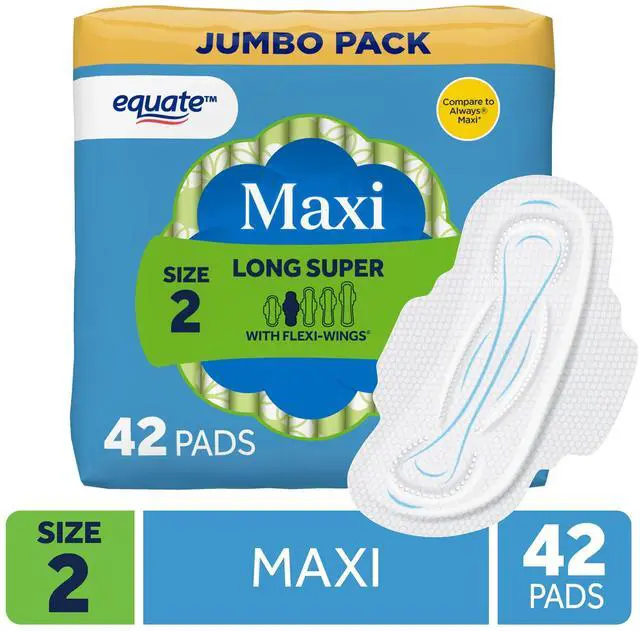 Main image of Equate 42Count Size 2 Long Maxi Sanitary Pads, FlexiWings Design, Super Absorbent, Individually Wrapped for OntheGo Use