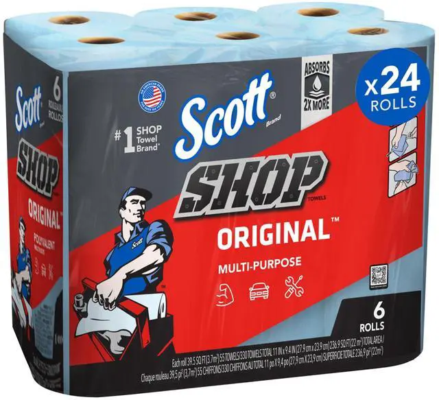 Main image of Scott Original Blue Shop Towels, 6Roll Pack, 55 Sheets Per Roll, 9.4" x 11", Absorbent MultiPurpose Garage & Automotive Cleaning Towels