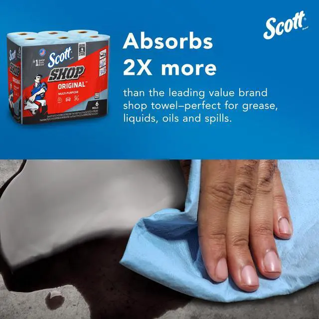 Alt view image 5 of 7 - Scott Original Blue Shop Towels, 6Roll Pack, 55 Sheets Per Roll, 9.4" x 11", Absorbent MultiPurpose Garage & Automotive Cleaning Towels