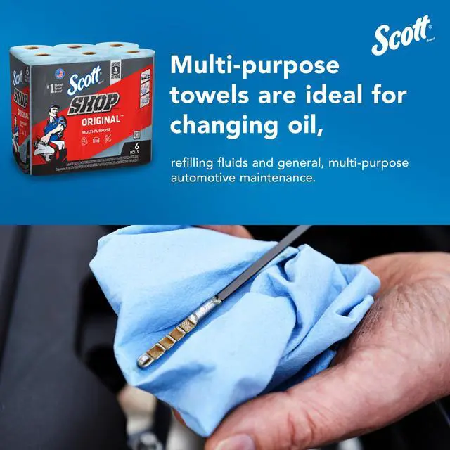 Alt view image 4 of 7 - Scott Original Blue Shop Towels, 6Roll Pack, 55 Sheets Per Roll, 9.4" x 11", Absorbent MultiPurpose Garage & Automotive Cleaning Towels