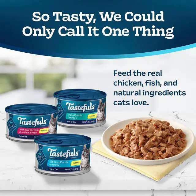 Alt view image 5 of 7 - Blue Buffalo Tastefuls Flaked Wet Cat Food Variety Pack, 12Count 3oz Cans, 3Flavor RealMeat First Recipe for Cats