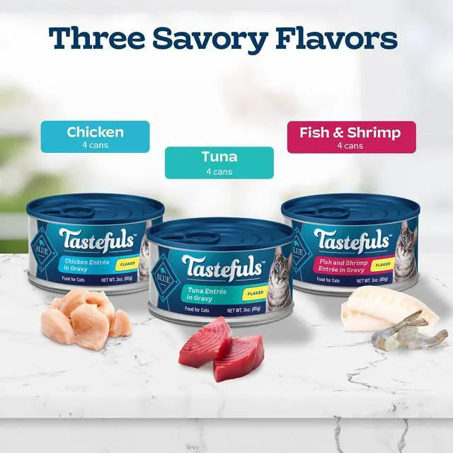 Alt view image 4 of 7 - Blue Buffalo Tastefuls Flaked Wet Cat Food Variety Pack, 12Count 3oz Cans, 3Flavor RealMeat First Recipe for Cats
