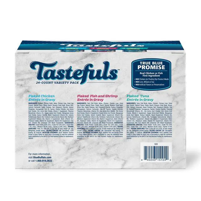 Alt view image 7 of 7 - Blue Buffalo Tastefuls Flaked Wet Cat Food Variety Pack, 12Count 3oz Cans, 3Flavor RealMeat First Recipe for Cats