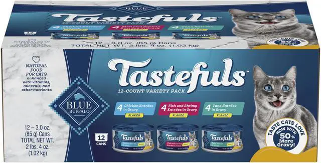 Main image of Blue Buffalo Tastefuls Flaked Wet Cat Food Variety Pack, 12Count 3oz Cans, 3Flavor RealMeat First Recipe for Cats