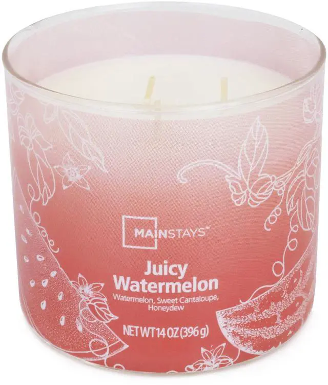 Alt view image 2 of 6 - Mainstays 3Wick Ombre Wrap Juicy Watermelon Scented Candle, 14oz Decorative Glass Jar Candle With Metal Lid