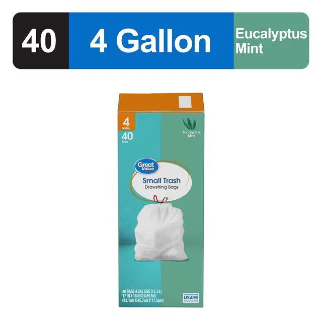 Alt view image 2 of 5 - Great Value 4Gallon Drawstring Trash Bags, Eucalyptus Mint Scent, 40Count, White Small Garbage Bags for Household Wastebaskets