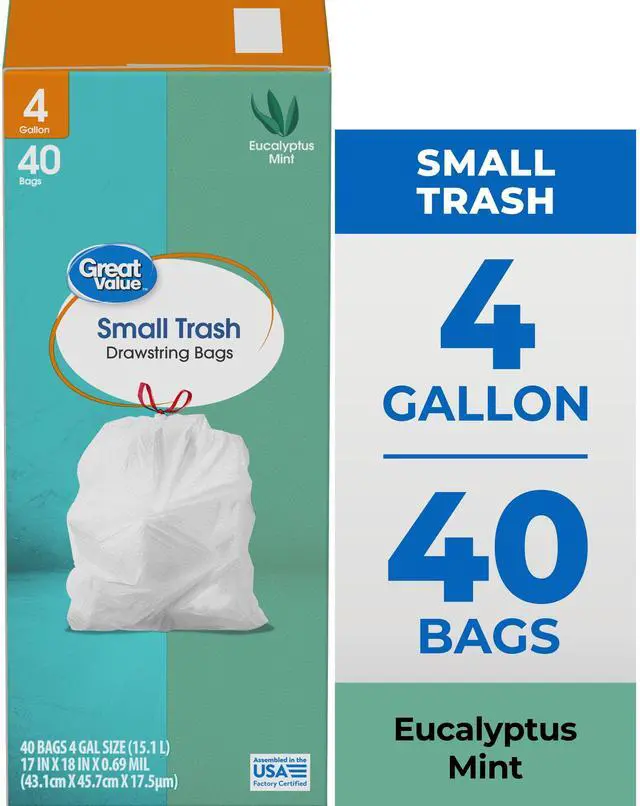 Main image of Great Value 4Gallon Drawstring Trash Bags, Eucalyptus Mint Scent, 40Count, White Small Garbage Bags for Household Wastebaskets