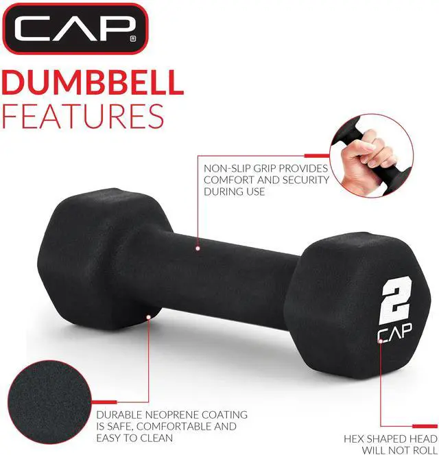 Alt view image 6 of 6 - CAP 2Lb Single Neoprene Dumbbell, Black HexShaped Hand Weight for Home Fitness & Strength Training