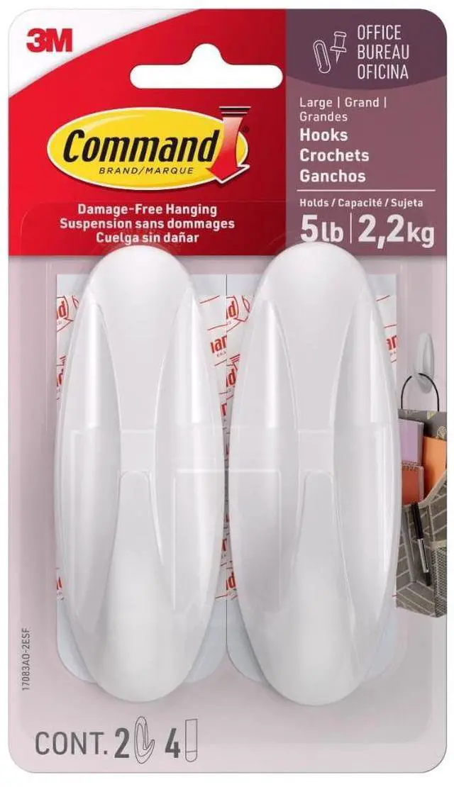 Main image of Command Large Designer Wall Hooks, White, 2 Hooks with 4 Adhesive Strips, Holds Up to 5lbs, DamageFree Indoor Hanging