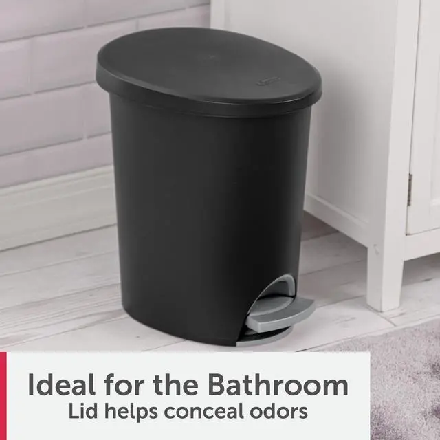 Alt view image 4 of 7 - Sterilite Small Bathroom Trash Can, 2.6 Gallon Plastic Garbage Bucket Bin with Step Lid, Black