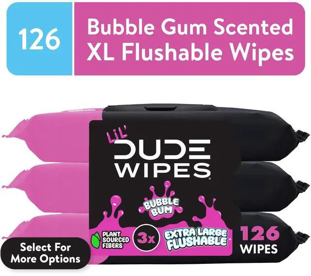 Main image of LiL' DUDE 3Pack Bubble Gum Flushable Wipes, Extra Large Size, 99% Water Formula, SepticSafe Hypoallergenic Wipes for Kids