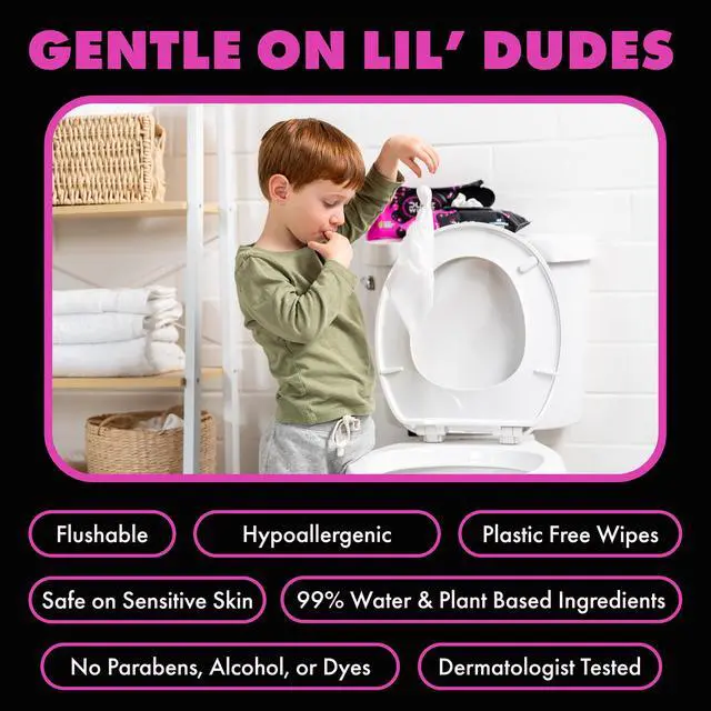 Alt view image 2 of 6 - LiL' DUDE 3Pack Bubble Gum Flushable Wipes, Extra Large Size, 99% Water Formula, SepticSafe Hypoallergenic Wipes for Kids