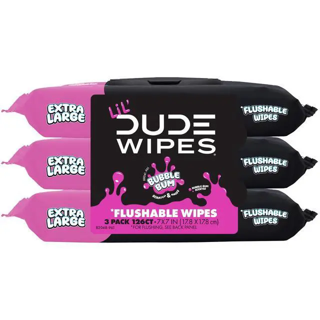 Alt view image 4 of 6 - LiL' DUDE 3Pack Bubble Gum Flushable Wipes, Extra Large Size, 99% Water Formula, SepticSafe Hypoallergenic Wipes for Kids