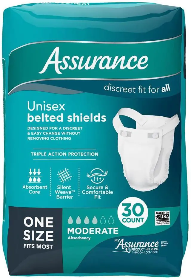 Main image of Assurance Unisex Incontinence Belted Shields, Moderate Absorbency, One Size Fits Most, 30 Count