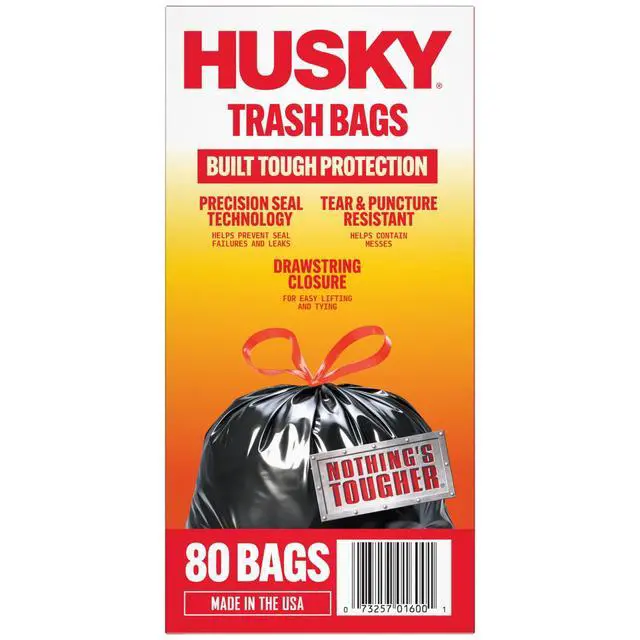 Alt view image 6 of 7 - Husky 30Gallon Drawstring Trash Bags, Black Unscented Garbage Bags, 80Count, 0.9 Mil TearLeak Resistant Waste Bags