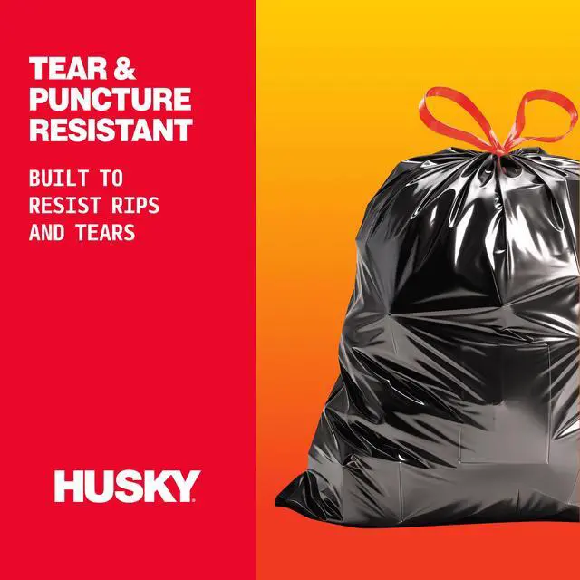 Alt view image 3 of 7 - Husky 30Gallon Drawstring Trash Bags, Black Unscented Garbage Bags, 80Count, 0.9 Mil TearLeak Resistant Waste Bags