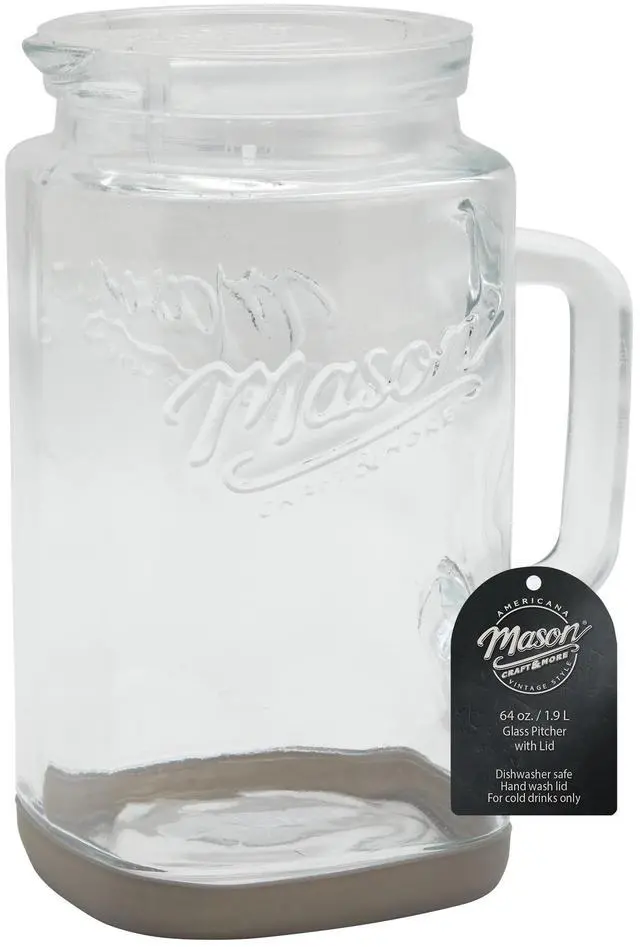 Alt view image 5 of 6 - Mason Craft & More 0.5Gallon Glass Pitcher, Gray, Removable Plastic Lid & Silicone Base, Vintage Embossed Logo for Cold Beverages
