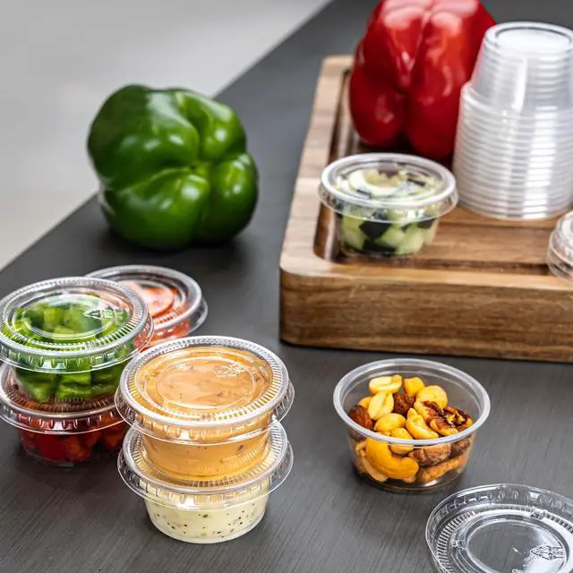 Alt view image 4 of 6 - Basics Mini Disposable Plastic To-Go Cups and Lids, 2oz, 50 Count, BPA Free, for Condiment, Salad Dressing, Sauces, Jello Shots