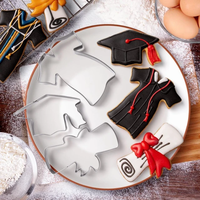 Alt view image 7 of 7 - Stainless Steel Graduation Cookie Cutters Set 3 Pieces - Graduation Cap, Diploma, Gown Dress