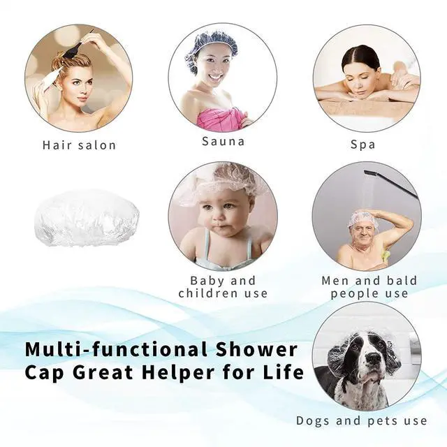 Alt view image 6 of 6 - 30pcs Disposable Shower Caps - Multi-Purpose Thickening Elastic Waterproof Clear Plastic Bath Cap for Women, Men, Spa, Hotel, Salon, Travel, 46CM