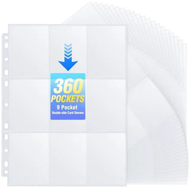 Main image of 360 Pockets Double-Sided 9 Pocket Trading Card Pages for 3 Ring Binder, Clear Plastic Sleeves for Sport Cards, Business Cards, Game Cards, Photos (20 Pack)